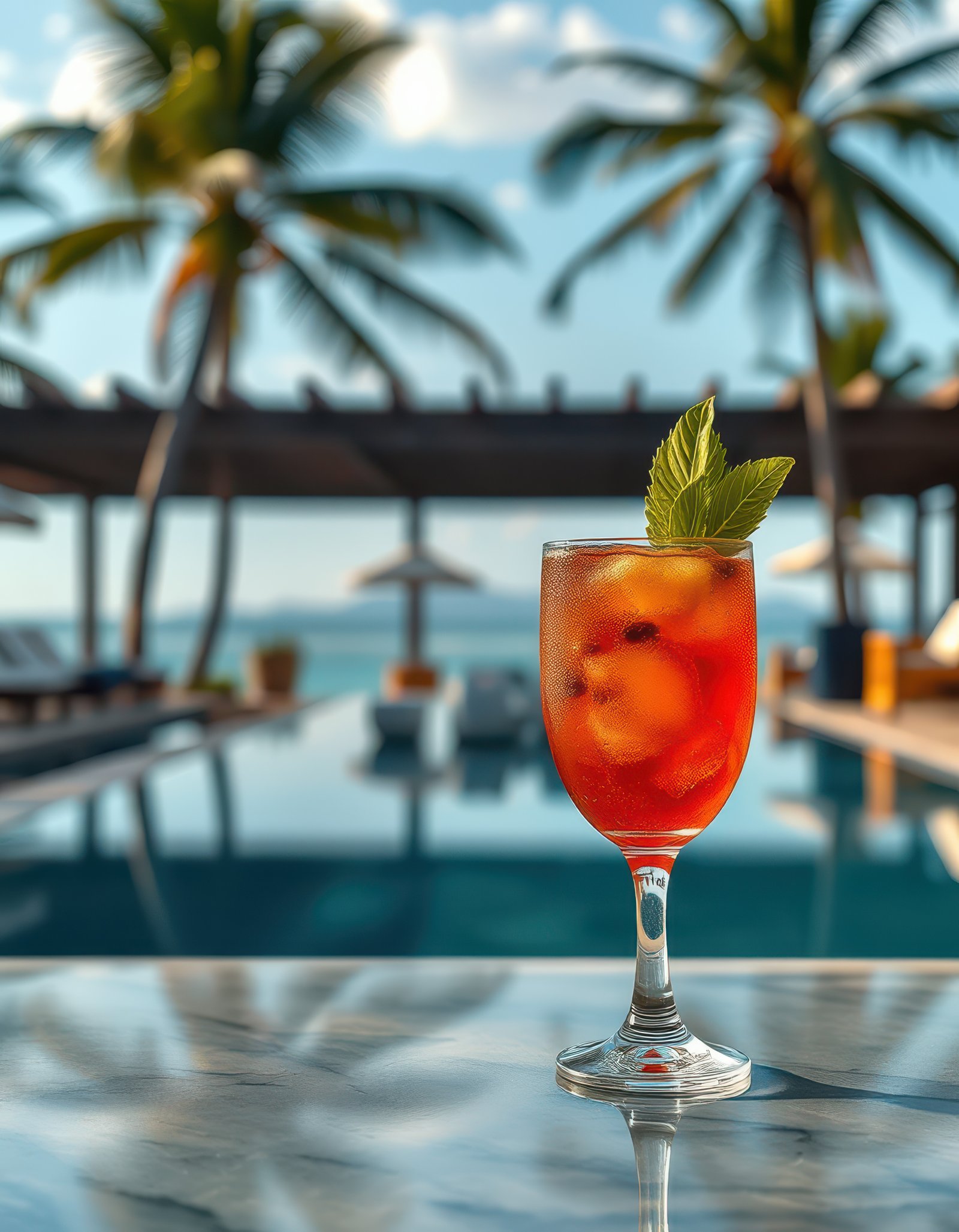Refreshing cocktail by the poolside with palm trees in a tropical resort during sunset